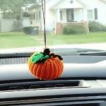 Crochet Pumpkin Rearview Mirror Decor