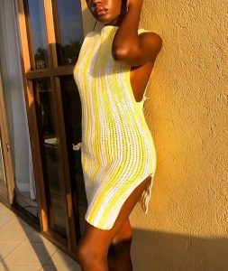 Crochet Knit Slit Strapless Dress