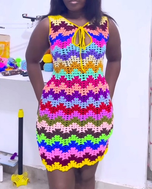 crochet chevron mini multi-colored body-con dress