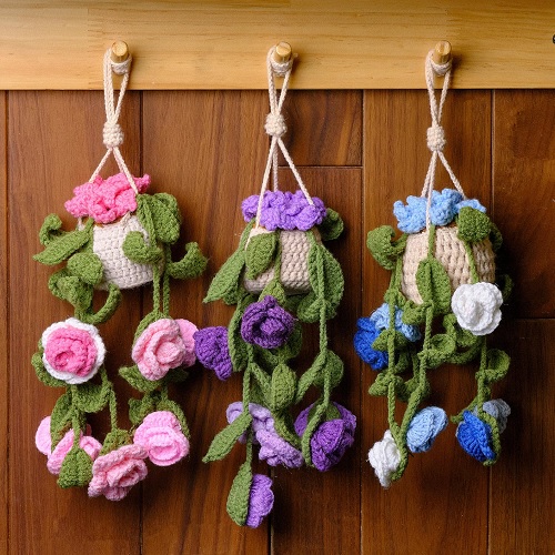 Crochet Rose Flower Basket Hanging