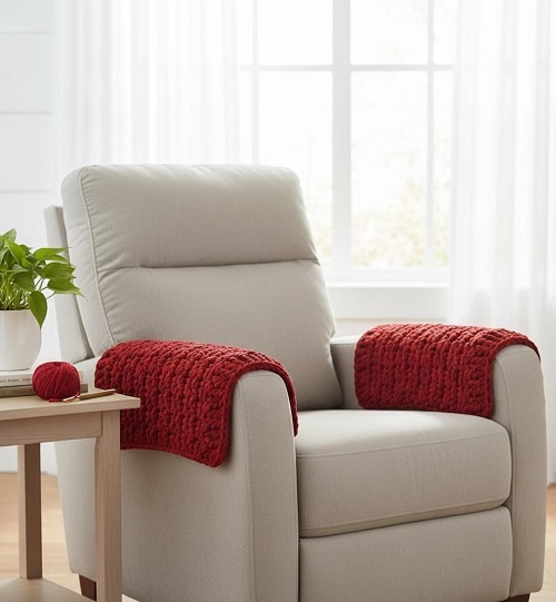Red Textured Crochet Armrest Covers – Stretchy & Stylish Home Decor